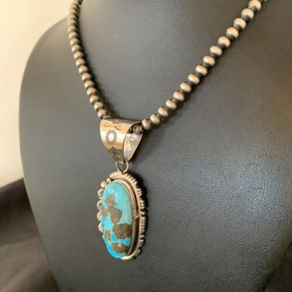 Navajo Pearls Necklace with Blue Kingman Turquoise Pendant | Sterling Silver | Authentic Native American Handmade | 10766