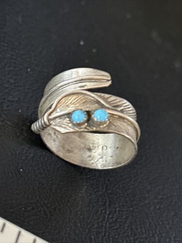 Navajo Blue Kingman Turquoise Feather Ring | Authentic Native American Sterling Silver | Multi-Stone | Sz 9 | 14793