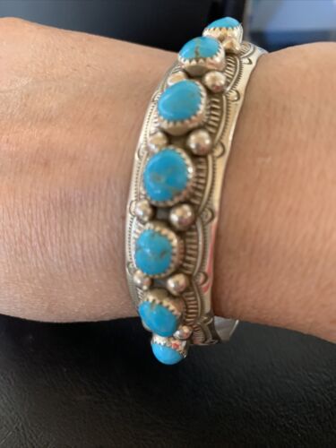 Navajo Kingman Turquoise Cuff Bracelet | Sterling Silver | Leaf Shape | 7 Stones | 12163 - Masha USA