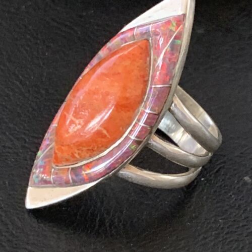 Navajo Red Spiny Oyster Opal Inlay Ring | Sterling Silver | Sz 10 | Authentic Native American Handmade | 12843