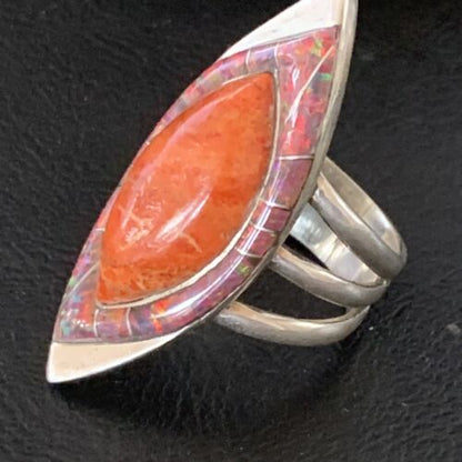 Navajo Red Spiny Oyster Opal Inlay Ring | Sterling Silver | Sz 10 | Authentic Native American Handmade | 12845