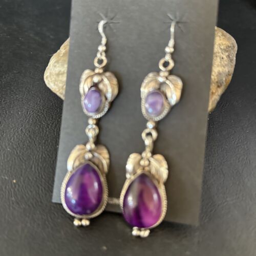 Navajo Purple Sugilite Dangle Earrings | Sterling Silver | 2" | Authentic Native American Handmade | 14401