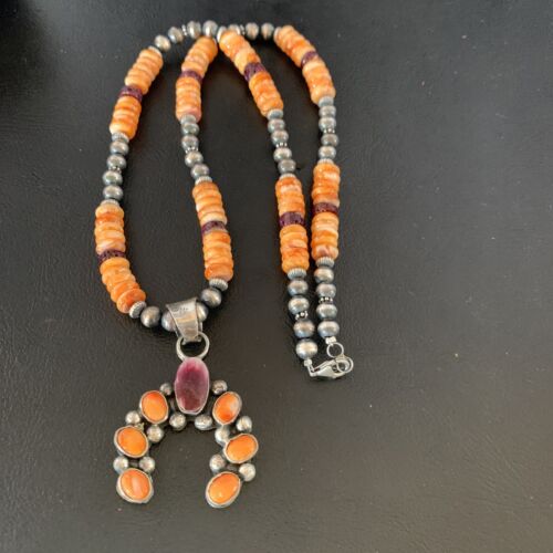 Navajo Sterling Silver Necklace | Orange Spiny Oyster Cluster Naja Pendant | 13165
