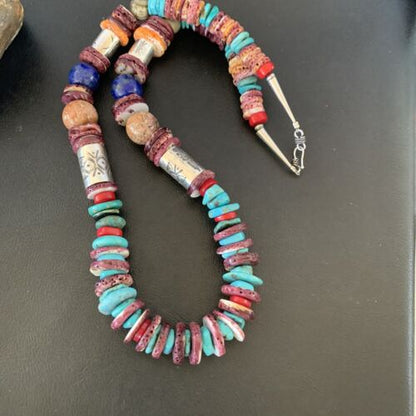 Navajo Turquoise Spiny Oyster Coral Lapis Necklace | Sterling Silver | 24" | 10824