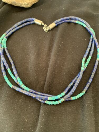Navajo Lapis & Turquoise 3 Strand Necklace | Sterling Silver | 21" | Authentic Native American Handmade | 01011