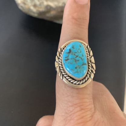 Navajo Blue Kingman Turquoise Ring | Sterling Silver | Sz 8.5 | Authentic Native American Handmade | 11922