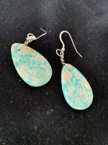 Navajo Slab Turquoise Dangle Earrings | Sterling Silver | Authentic Native American Handmade | 1356