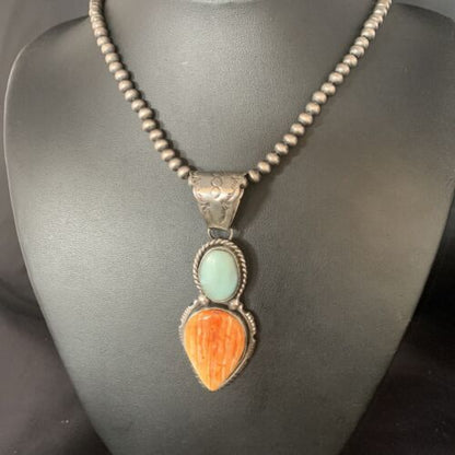 Navajo Dry Creek Turquoise Spiny Necklace Pendant | Sterling Silver | 2.5" | 13581