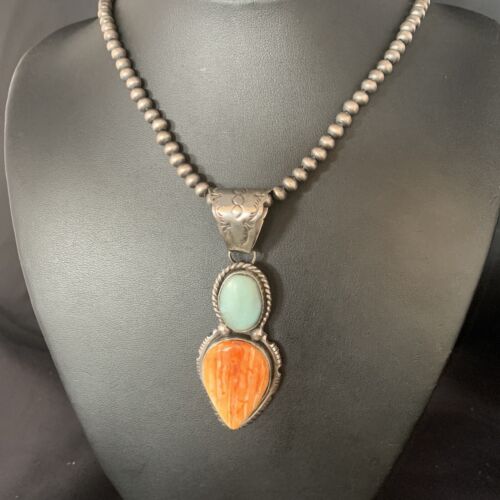 Navajo Dry Creek Turquoise Spiny Necklace Pendant | Sterling Silver | 2.5" | 13581