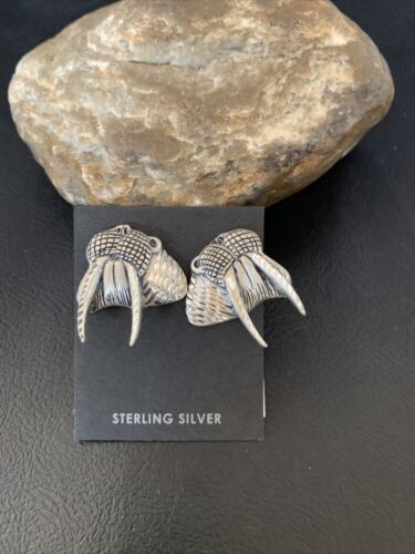 Native American Old Pawn Walrus Sterling Silver Diamond Cut Stud Earrings | 1" | 12993