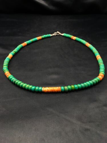 Navajo Green Turquoise & Spiny Oyster Necklace | Sterling Silver | 19" | Authentic Native American Handmade | 4488