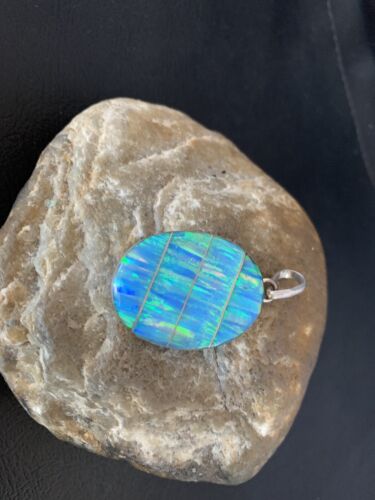 Navajo Blue Opal Inlay Pendant | Sterling Silver | Authentic Native American Handmade | 13142
