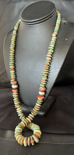 XL Green Turquoise & Red Spiny Oyster Navajo Sterling Silver Necklace | Authentic Native American | 32" | 14790