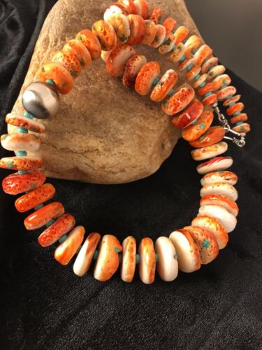 Authentic Native American Navajo Necklace | Orange Spiny Oyster & Turquoise | Sterling Silver | 22"