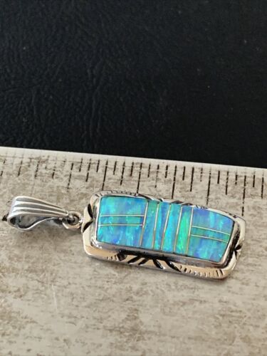 Authentic Native American Navajo Sterling Silver Pendant | Blue Faux Opal Inlay | 01480