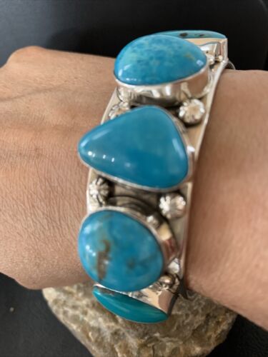 Navajo Kingman Turquoise Row Cuff Bracelet | Sterling Silver | Authentic Native American Handmade | 1410