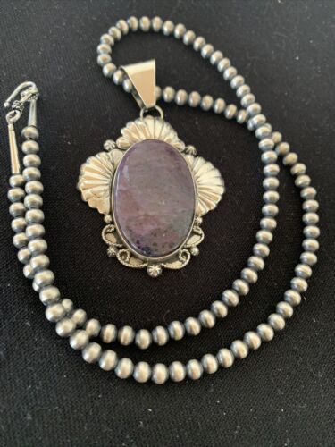 Men's Navajo Pearls Necklace | Sterling Silver Purple Sugilite Pendant | Authentic Native American Handmade | 1537