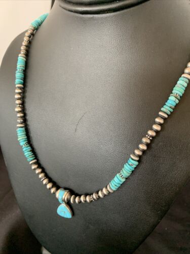 Navajo Pearl Necklace with Blue Turquoise Inlay Pendant | Sterling Silver | Authentic Native American Handmade | 12500