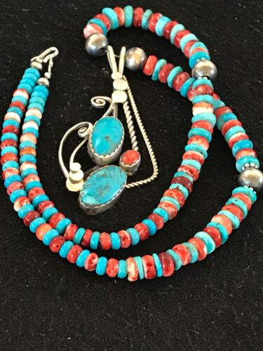 Navajo Kingman Turquoise & Spiny Oyster Pendant Necklace | Sterling Silver | 8659