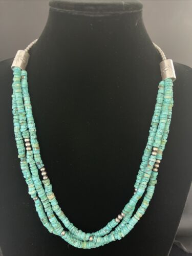 Navajo Turquoise Heishi Necklace | Sterling Silver 3 Strand 7mm | 24" | Authentic Native American Handmade | 01769