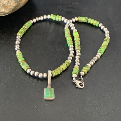 Navajo Green Gaspeite Turquoise Pendant | Sterling Silver | Authentic Native American Handmade | 13266