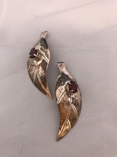 Handmade Feather Garnet Earrings | Old Pawn Sterling Silver | 2" | 13064 - Masha USA