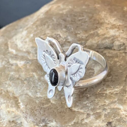 Southwestern Navajo Black Onyx Butterfly Ring | Sterling Silver | Adj Sz 8 | 10384