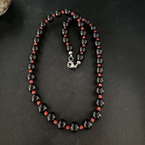 Men's Navajo Bamboo Coral Black Onyx Necklace | Sterling Silver | 20" | Authentic Native American Handmade | 14365