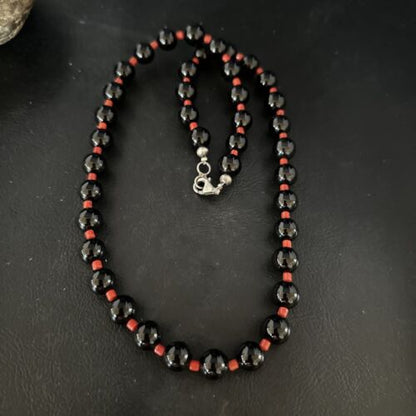 Men's Navajo Bamboo Coral Black Onyx Necklace | Sterling Silver | 20" | Authentic Native American Handmade | 14365