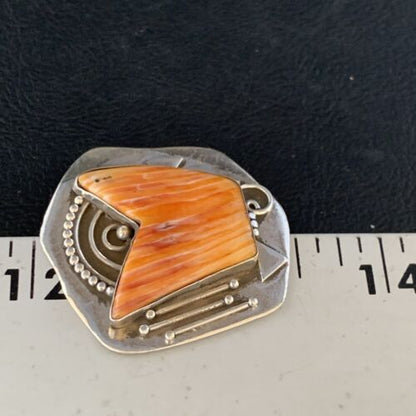 Southwestern Navajo Handmade Pin | Sterling Silver | Orange Spiny Oyster | Authentic Native American | 13716