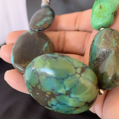 Navajo Sterling Silver Graduated Green Nugget Turquoise Necklace | Authentic Native American | 21" | 10724
