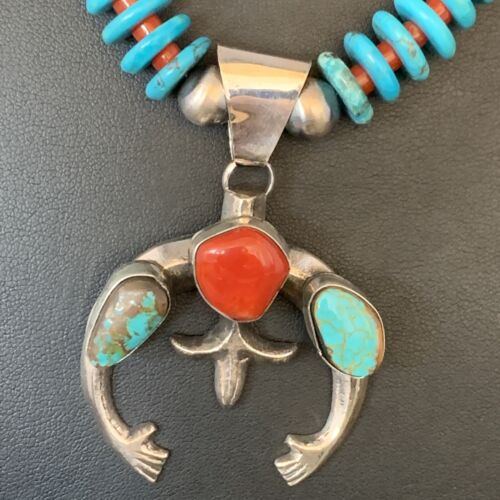 Navajo Sterling Silver Necklace with Blue Turquoise & Coral Naja Pendant | 13746