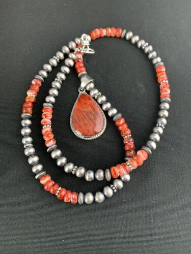 Red Spiny Oyster Pendant | Sterling Silver Navajo Pearls Necklace | Authentic Native American Handmade | 4960