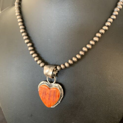 Navajo Orange Heart Spiny Oyster Pendant | Sterling Silver Necklace | Authentic Native American Handmade | 13948 - Masha USA