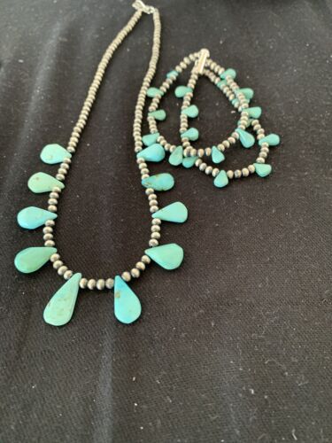 Navajo Pearls Sterling Silver Necklace & Bracelet Set | Blue Turquoise | Authentic Native American Handmade | 516