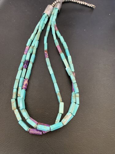 Navajo Blue Turquoise Jasper Bead Necklace | 3-Strand Sterling Silver | 24" | Authentic Native American Handmade | 12512