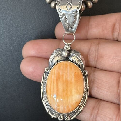 Navajo Pearls Orange Spiny Oyster Necklace Pendant | Sterling Silver | Authentic Native American Handmade | 14719