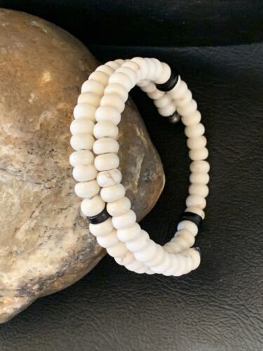 Memory Wire Stainless Steel Howlite Onyx Bead Bracelet | Sterling Silver | Native American Handmade | 1957