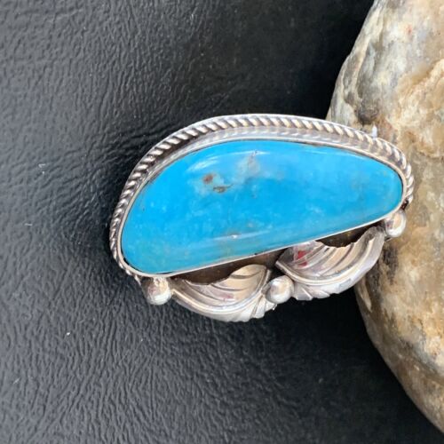 Navajo Blue Kingman Turquoise Ring | Sterling Silver Feather | Sz 7.5 | Authentic Native American Handmade | 10851