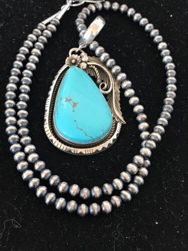 Kingman Turquoise Pendant | Navajo Pearls Sterling Silver Necklace | Authentic Native American Handmade | 8573