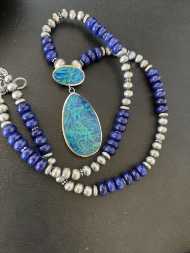 Women's Sterling Silver Necklace | Blue Lapis Bead Opal Inlay Pendant | Multi-Stone | 10584