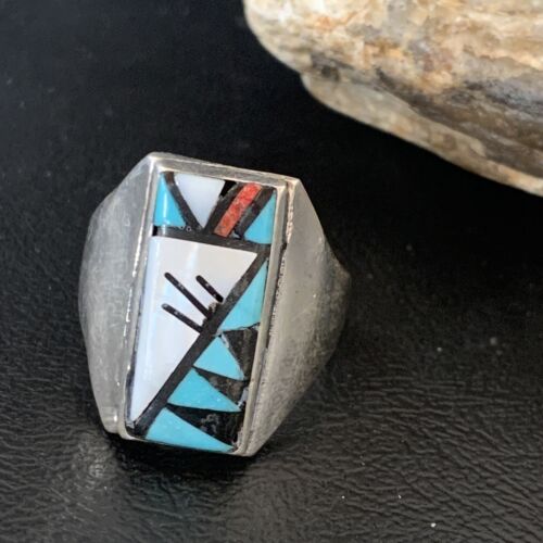 Native American Zuni Men's Spiny Blue Turquoise Inlay Ring | Sterling Silver | Sz 15 | 12424