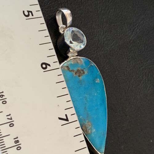 Navajo Sterling Silver Blue Topaz Turquoise Multi-Stone Pendant | Authentic Native American Handmade | 3" | 12025