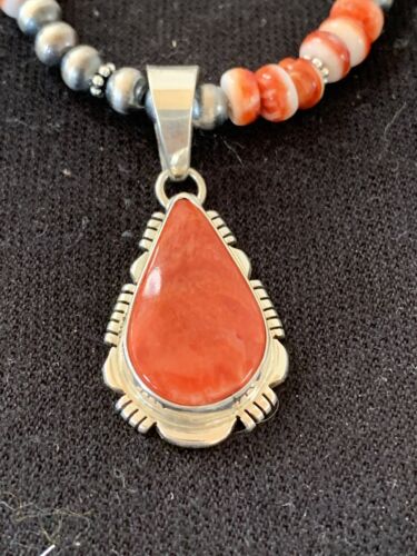Navajo Red Spiny Oyster Pendant Necklace | Sterling Silver | 20" | Authentic Native American Handmade | 376