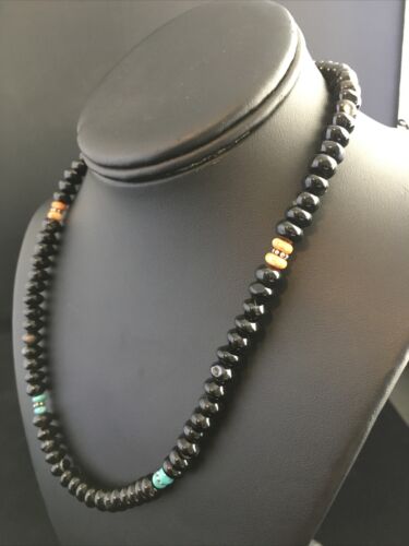Navajo Black Onyx Turquoise Necklace | Sterling Silver | 18" | Authentic Native American Handmade | 10022