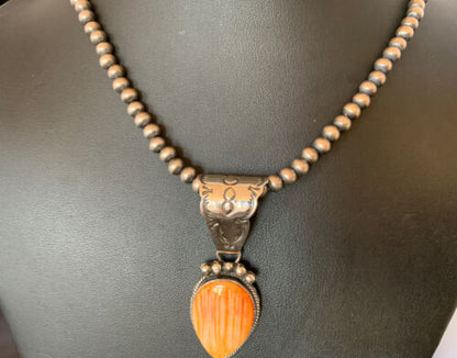 Navajo Orange Spiny Oyster Pendant Necklace | Sterling Silver | Authentic Native American Handmade | 13080