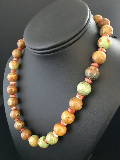 Navajo Green Turquoise & Orange Spiny Oyster Necklace | Sterling Silver | 17" | Authentic Native American Handmade | 1742