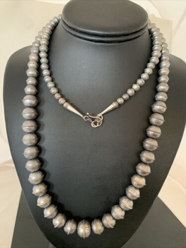 Navajo Pearls Sterling Silver Necklace | Hand-Stamped Bench Beads | 36" | Southwestern | 93336