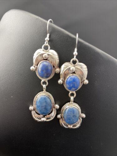 Southwestern Navajo Denim Lapis Dangle Earrings | Sterling Silver | 2" | 01796