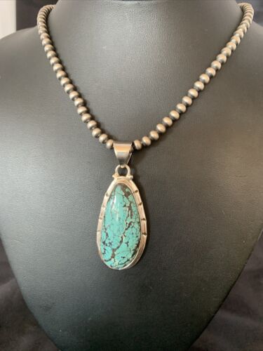 Men's Navajo Pearl Necklace with Blue Spiderweb Turquoise Pendant | Sterling Silver | 10538